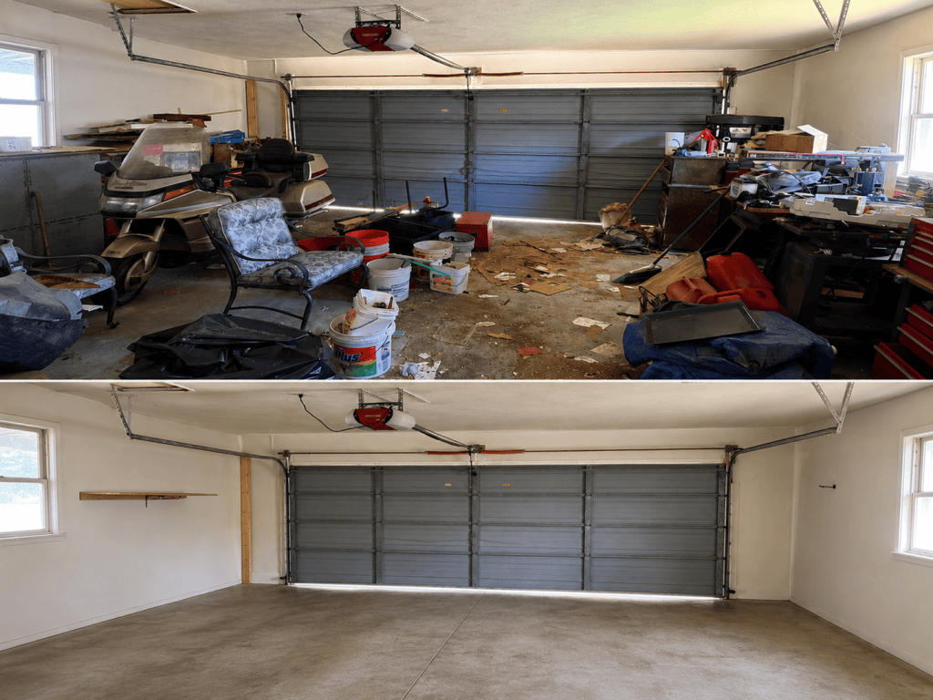 Garage cleanout before and after by Ocala Cleanout Specialists showing a cluttered garage cleared of unwanted items