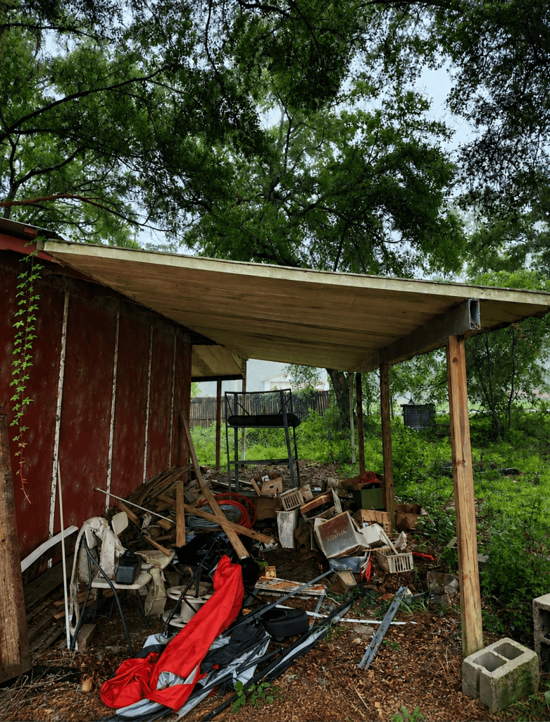 Shed and outdoor junk removal before unwanted debris was removed by Ocala Cleanout Specialists