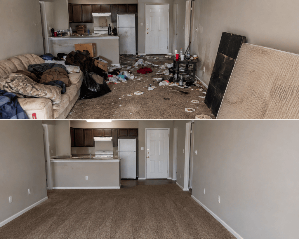 Eviction apartment cleanout before and after unwanted contents were removed by Ocala Cleanout Specialists